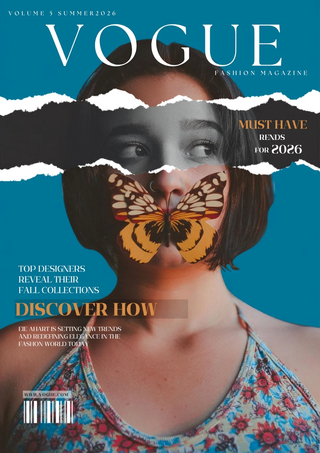 Uncommissioned Vogue cover concept with layered portrait and butterfly image