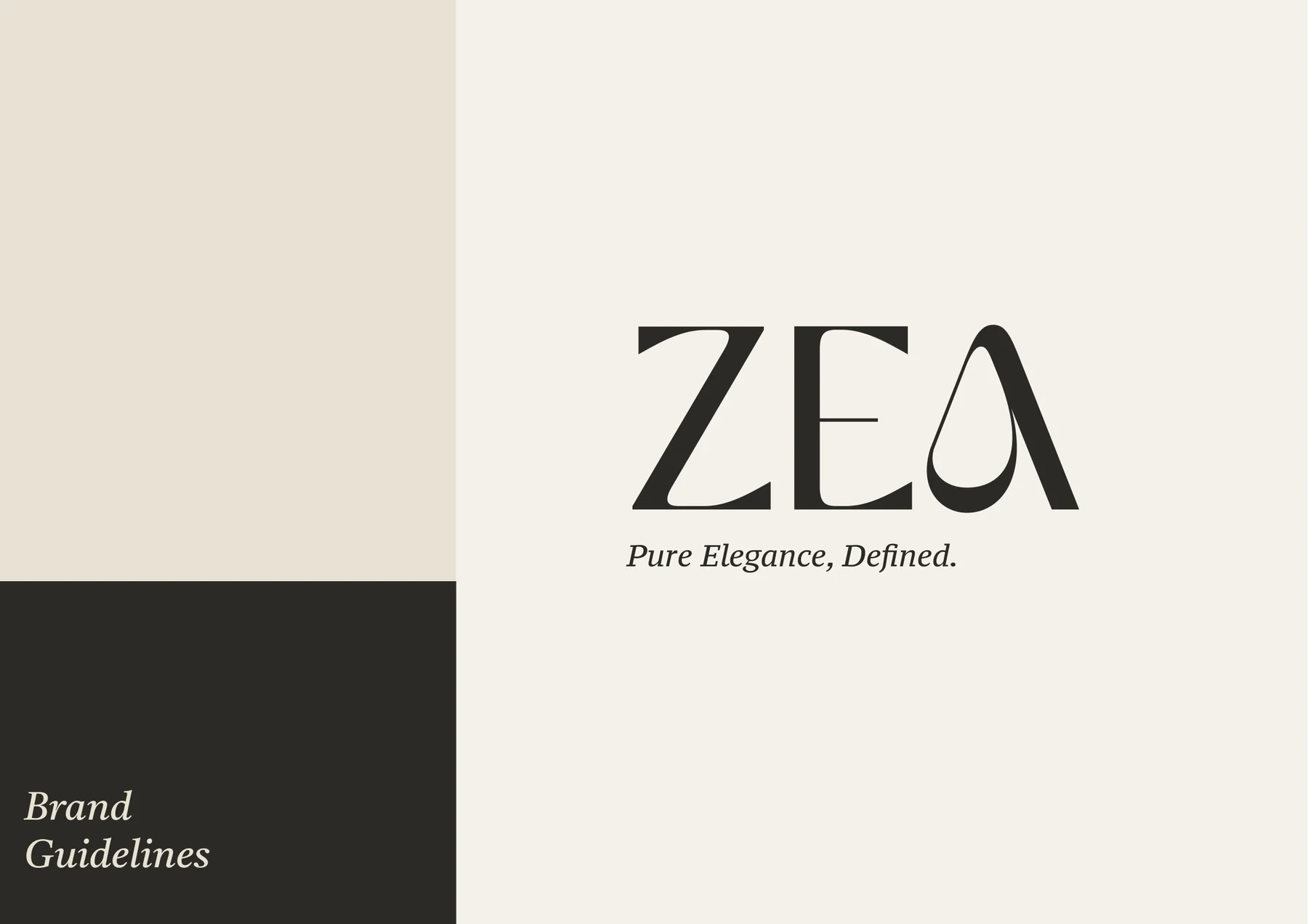 ZEA wordmark in black on a warm neutral brand guidelines cover